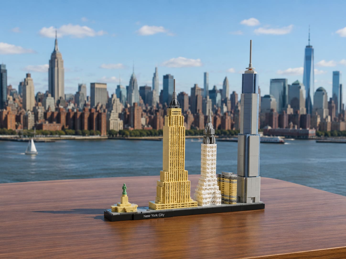 La silhouette de New York en LEGO trône fièrement devant la ville de New York.