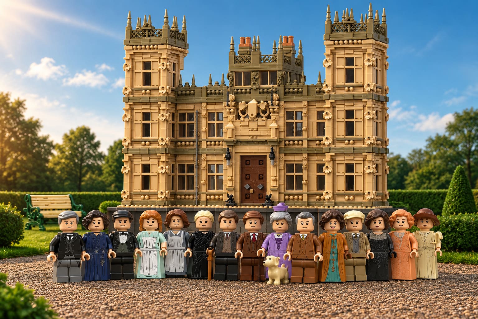 Château victorien anglais construit en LEGO avec 16 minifigurines en tenues édouardiennes et un petit chien, photographiés devant le bâtiment dans un jardin à la lumière dorée