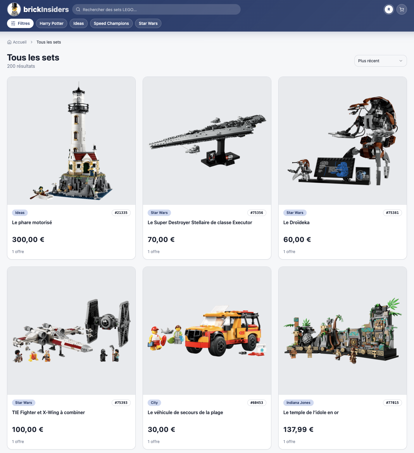 Interface marketplace brickInsiders avec annonces de sets LEGO EOL neufs scellés en mai 2026