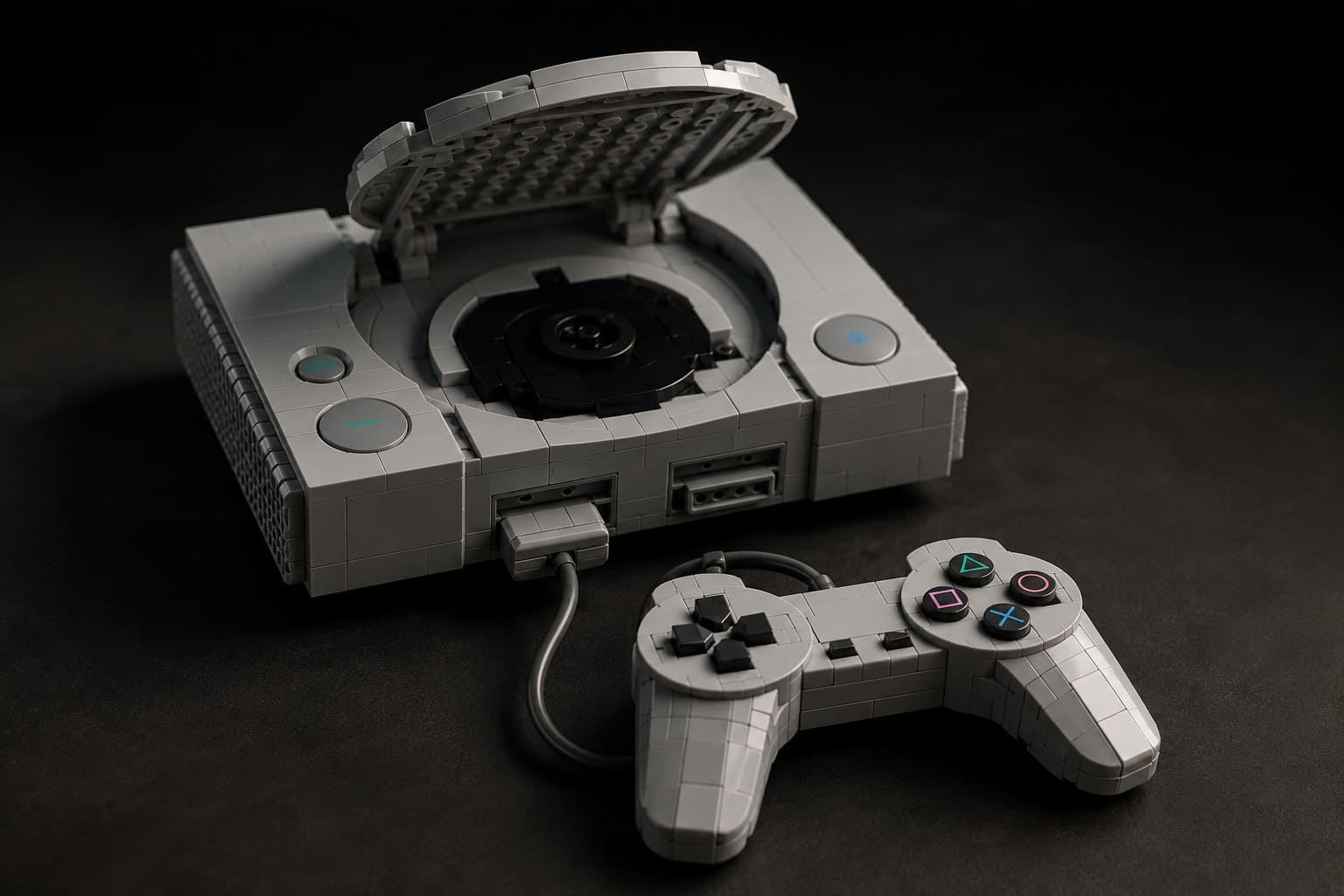 Console LEGO inspirée de la PlayStation 1 avec couvercle ouvert et manette classique posée devant, photographiée sur un fond sombre avec un éclairage dramatique.