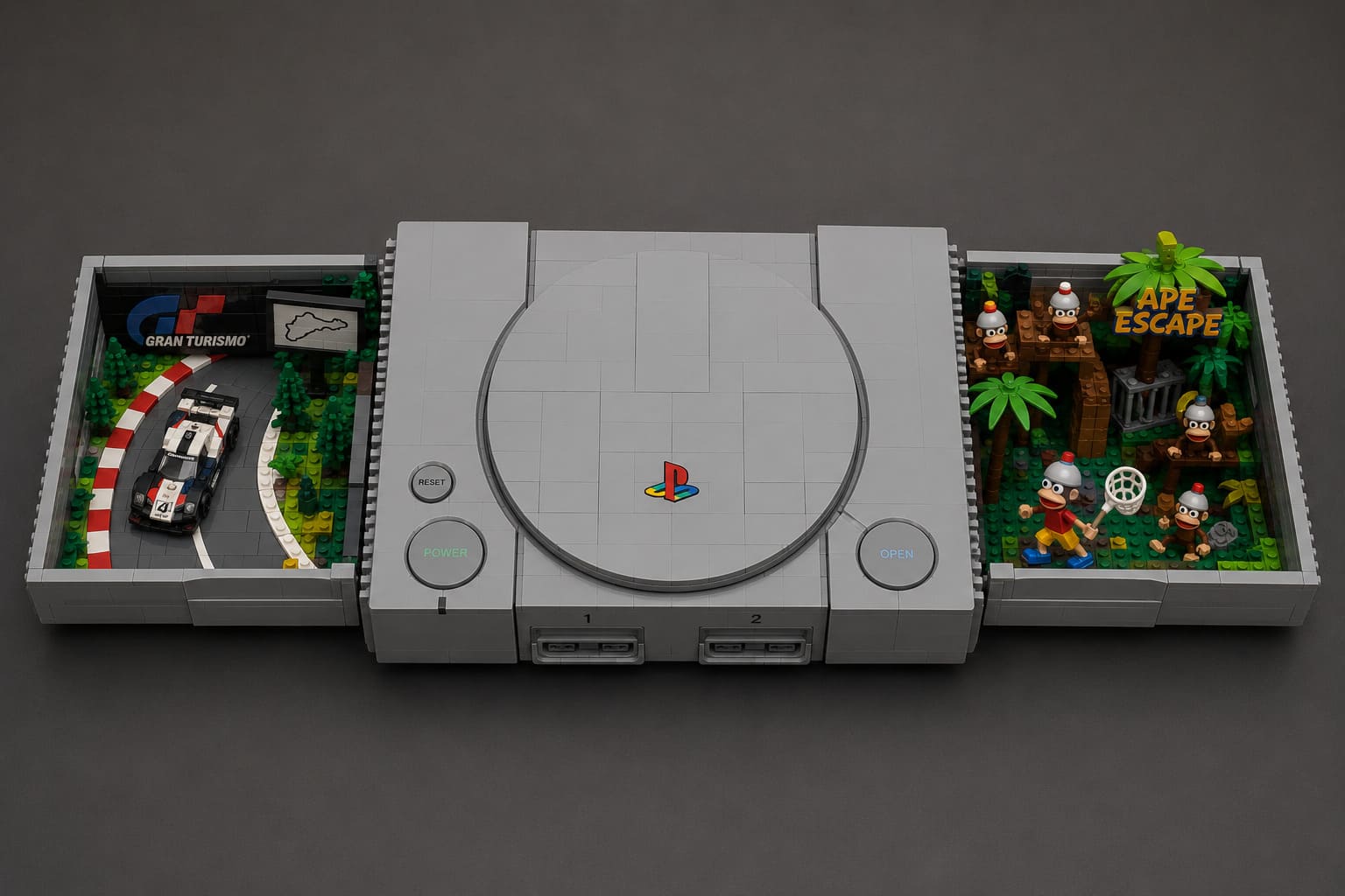 Vue de dessus photoréaliste d’une console LEGO PlayStation 1 avec deux panneaux latéraux ouverts révélant des dioramas miniatures inspirés de Gran Turismo à gauche et d’Ape Escape à droite.