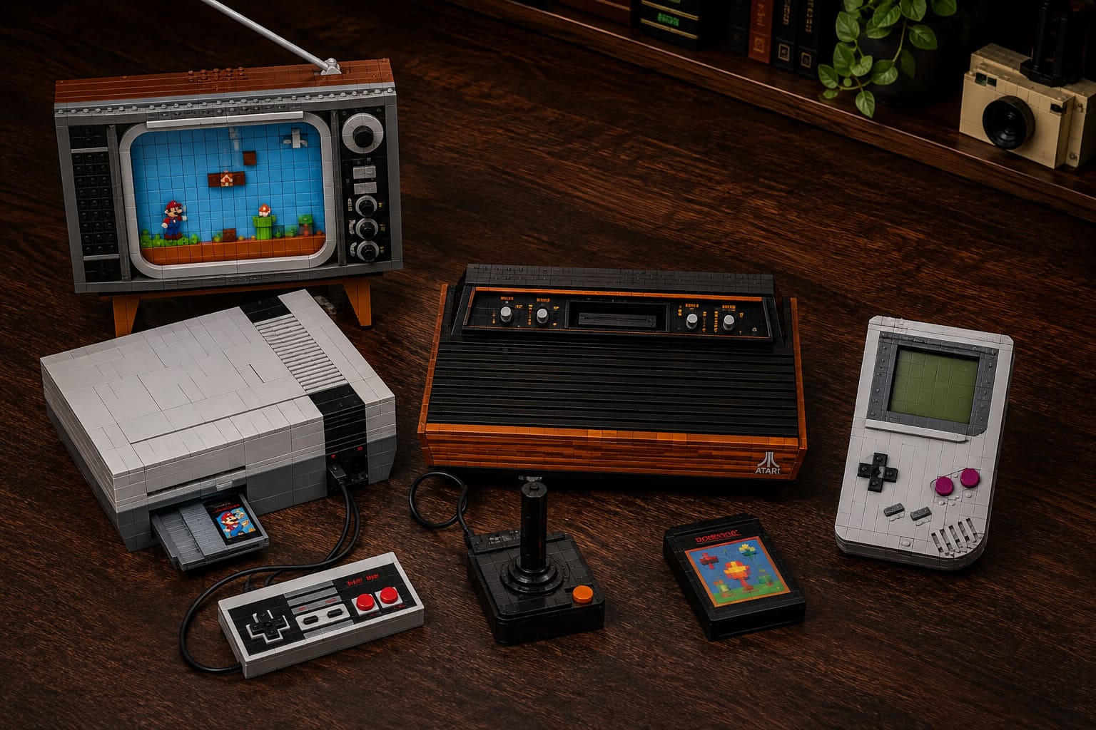 Trois sets LEGO rétro gaming — Nintendo NES, Atari 2600 et Game Boy — disposés côte à côte sur une surface en bois sombre, photographiés en vue légèrement plongeante avec un éclairage studio chaleureux.
